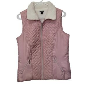HANNAH Quilted Sherpa Collar Vest Womens Sz S Pink Zip Front Pockets lightweight